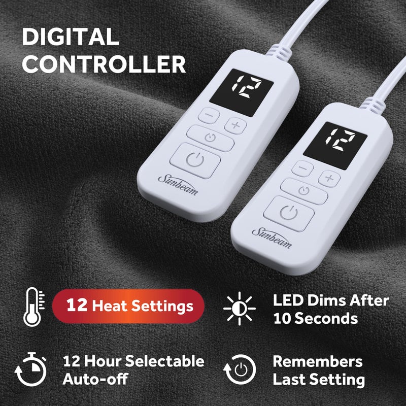 Sunbeam Electric Royal Luxe Microplush Reverse Sherpa Heated Blanket, 12 Heat Settings, 12-Hour Selectable Auto Shut-Off, Fast Heating, Warm and Cozy, Night Fog, King, 90" x 100" - Image 3